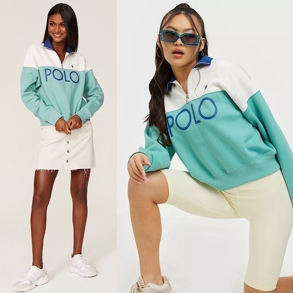 POLO RALPH LAUREN 90s Colorblock Stripe Graphic Logo 1/2 Zip Mockneck Pullover M - Picture 1 of 13